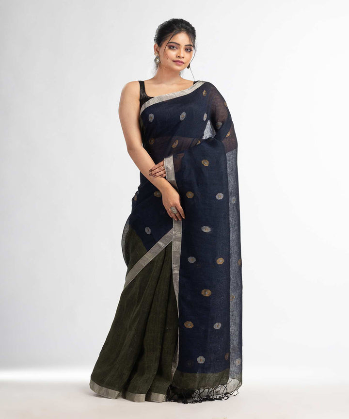 Navy blue sage handwoven bengal linen saree