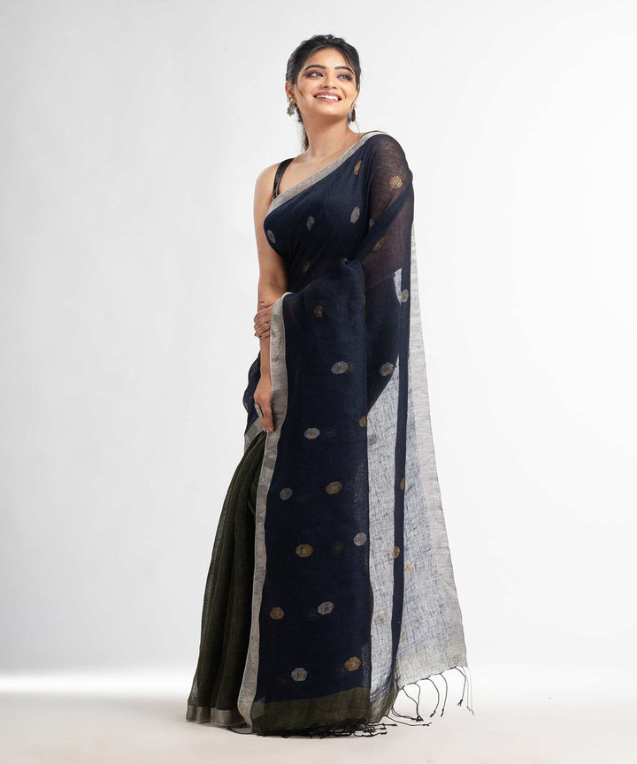 Navy blue sage handwoven bengal linen saree