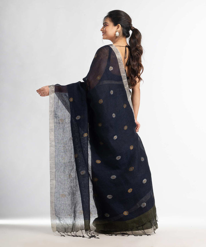 Navy blue sage handwoven bengal linen saree