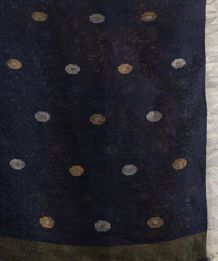 Navy blue sage handwoven bengal linen saree