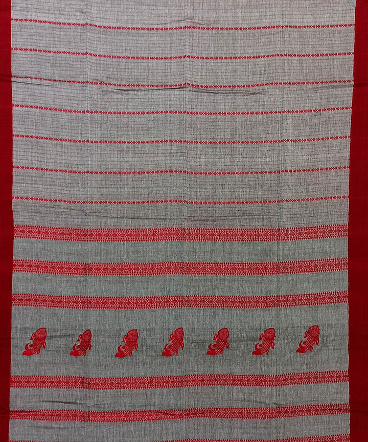 Grey red cotton handloom bengal saree