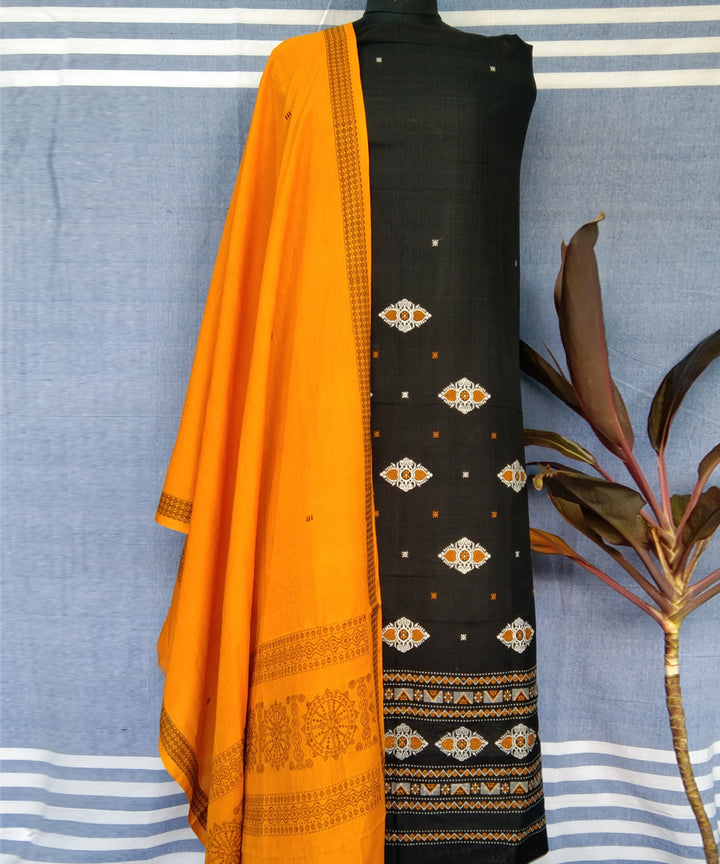 Black yellow handwoven cotton bomkai dress material