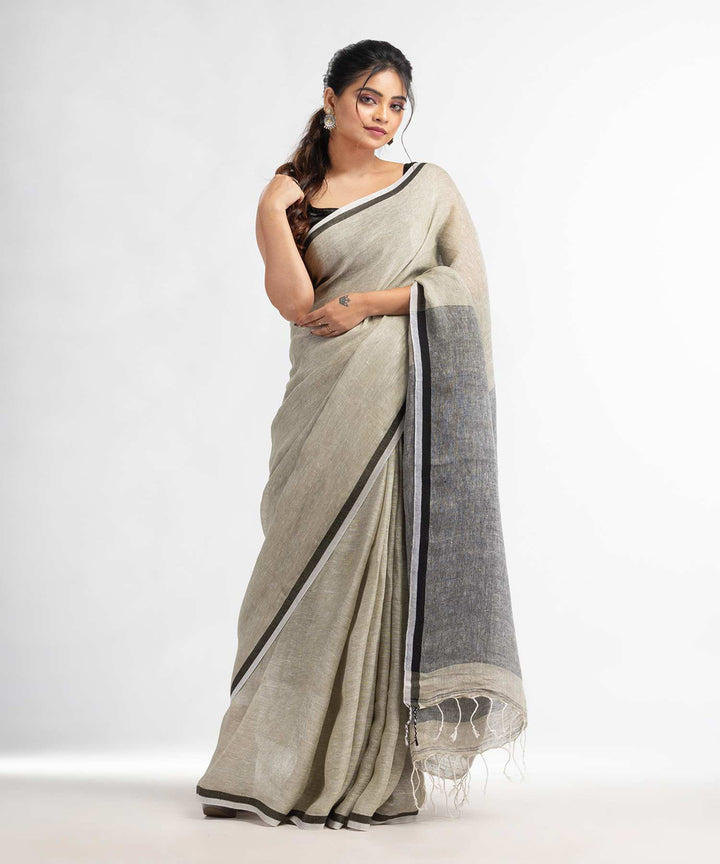Grey plain handwoven bengal linen saree