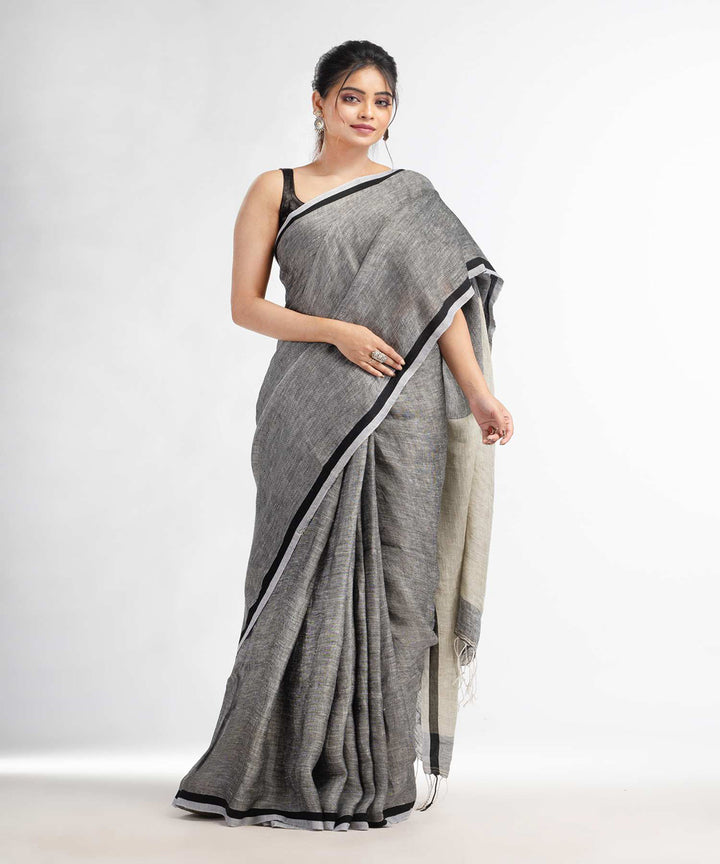 Grey plain handwoven bengal linen saree