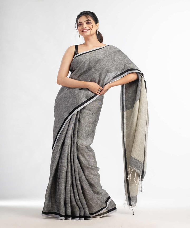 Grey plain handwoven bengal linen saree