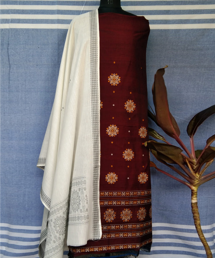 Maroon white handwoven bomkai cotton dress material