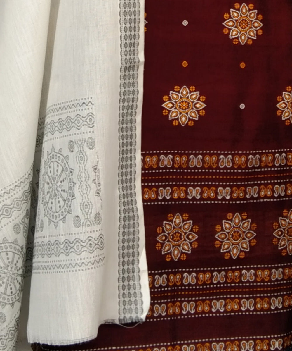Maroon white handwoven bomkai cotton dress material