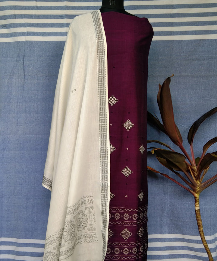 Purple white handwoven cotton bomkai dress material