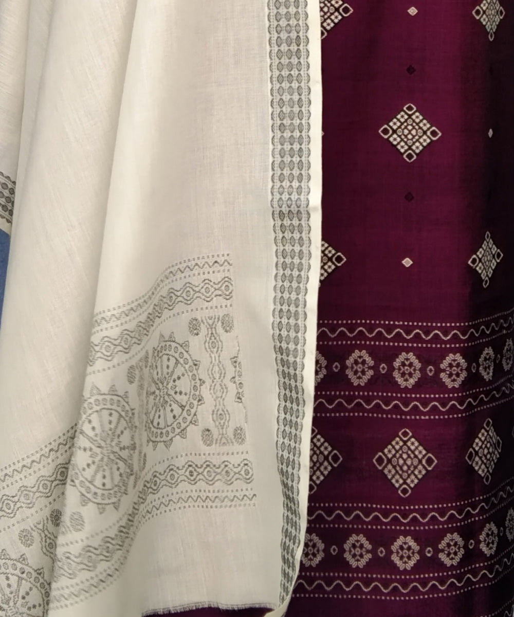 Purple white handwoven cotton bomkai dress material