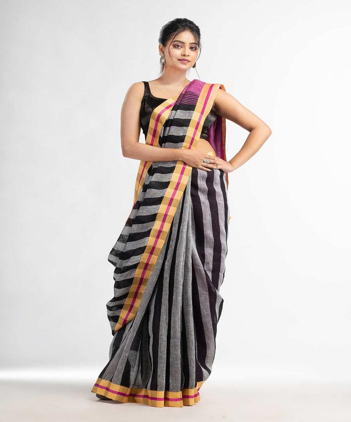 Black grey purple handwoven bengal linen saree