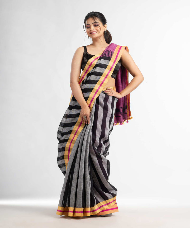 Black grey purple handwoven bengal linen saree