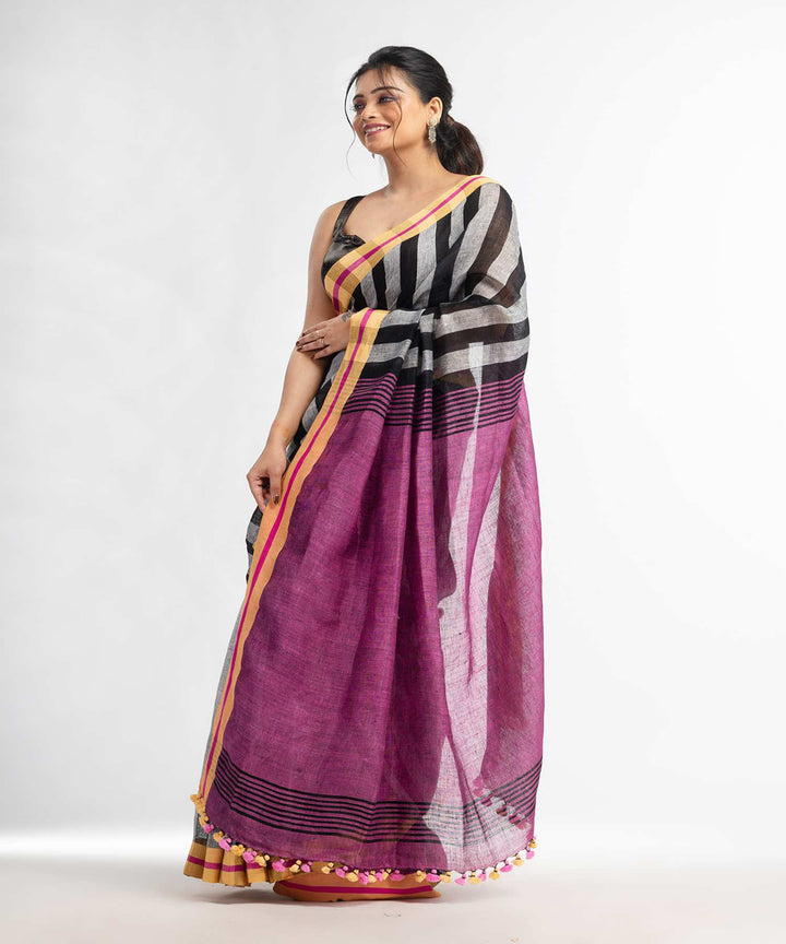 Black grey purple handwoven bengal linen saree