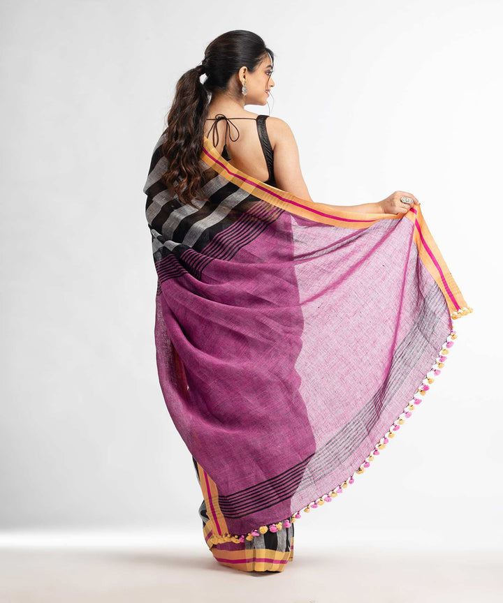 Black grey purple handwoven bengal linen saree