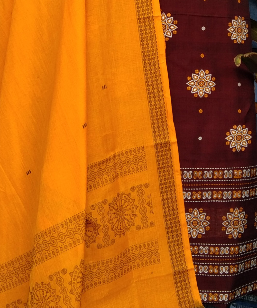 Maroon yellow handwoven cotton bomkai dress material