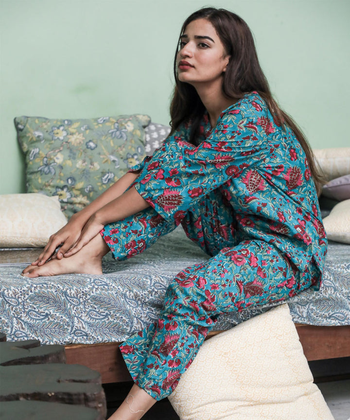 Blue pink floral handblock printed cotton night set