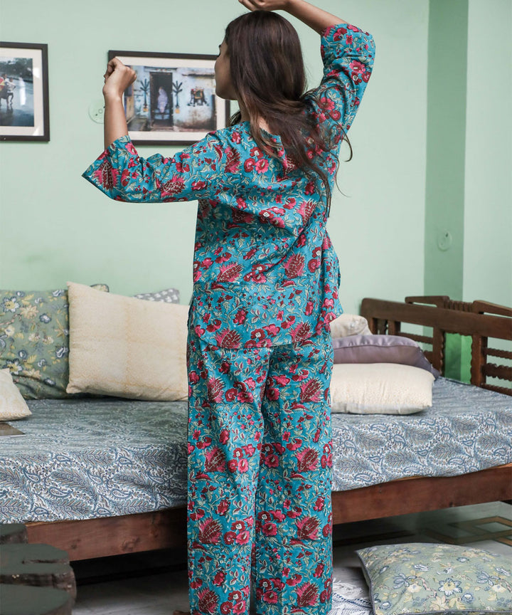 Blue pink floral handblock printed cotton night set