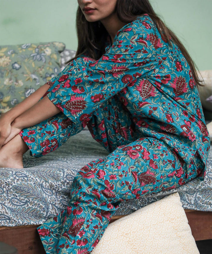 Blue pink floral handblock printed cotton night set