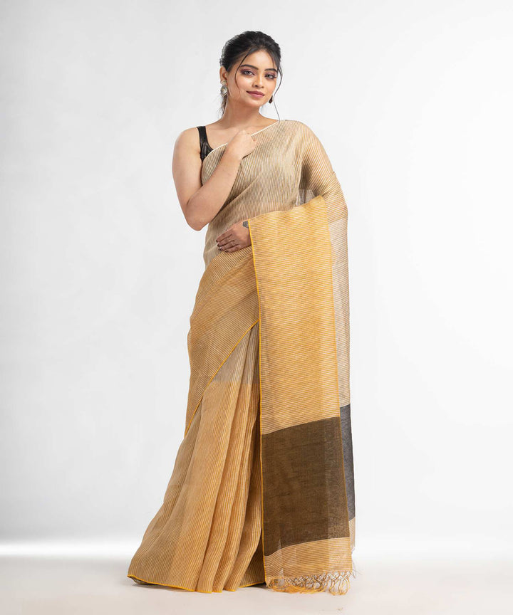 Cream handwoven bengal linen saree
