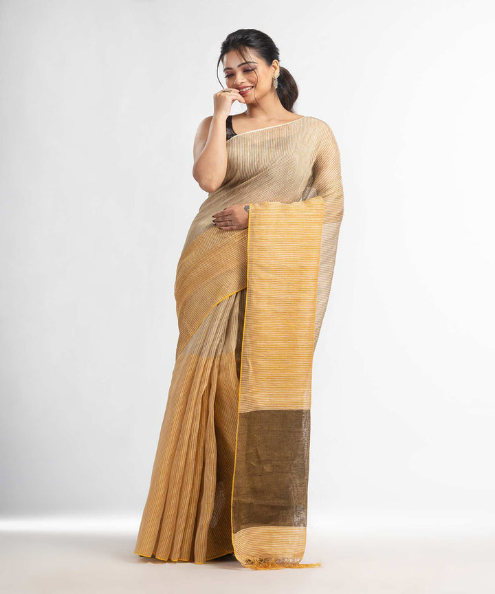 Cream handwoven bengal linen saree