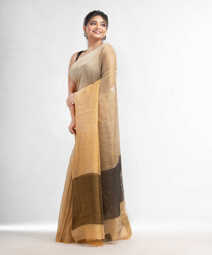 Cream handwoven bengal linen saree