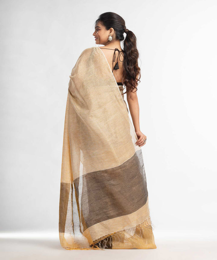 Cream handwoven bengal linen saree