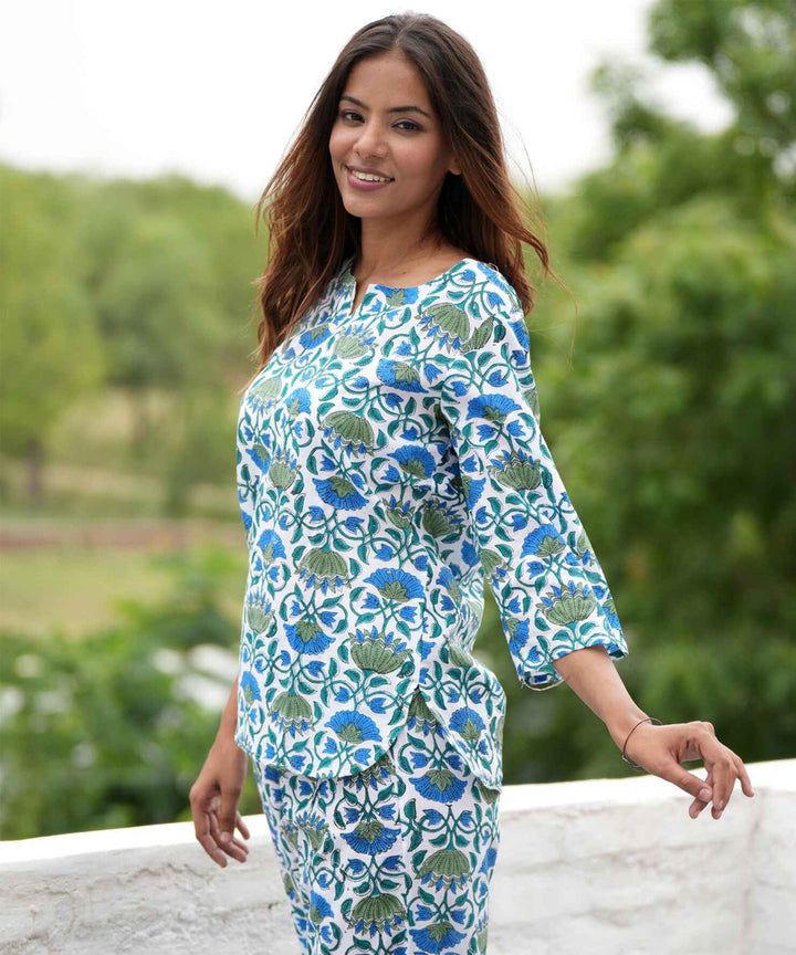 Green blue floral handblock printed cotton night suit set