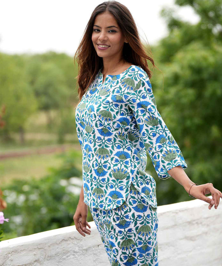 Green blue floral handblock printed cotton night suit set