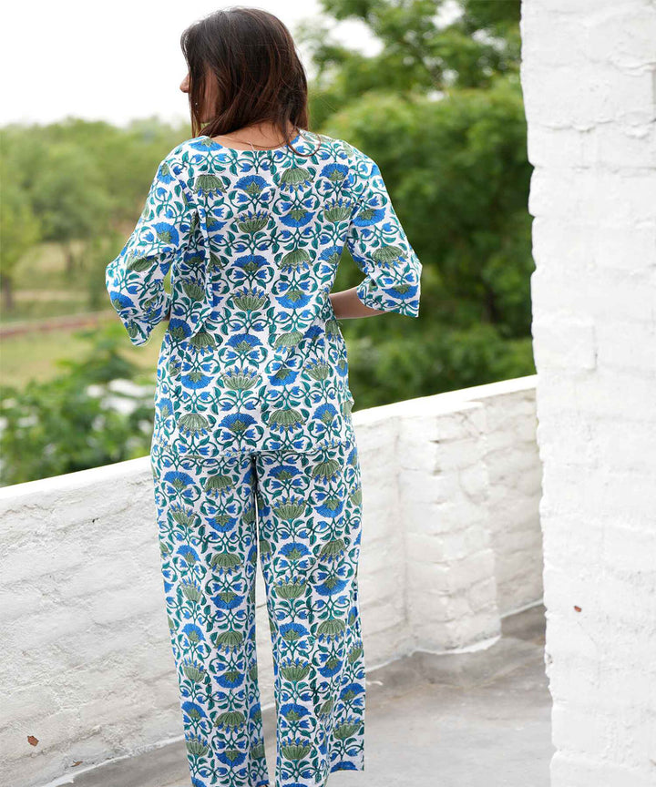 Green blue floral handblock printed cotton night suit set