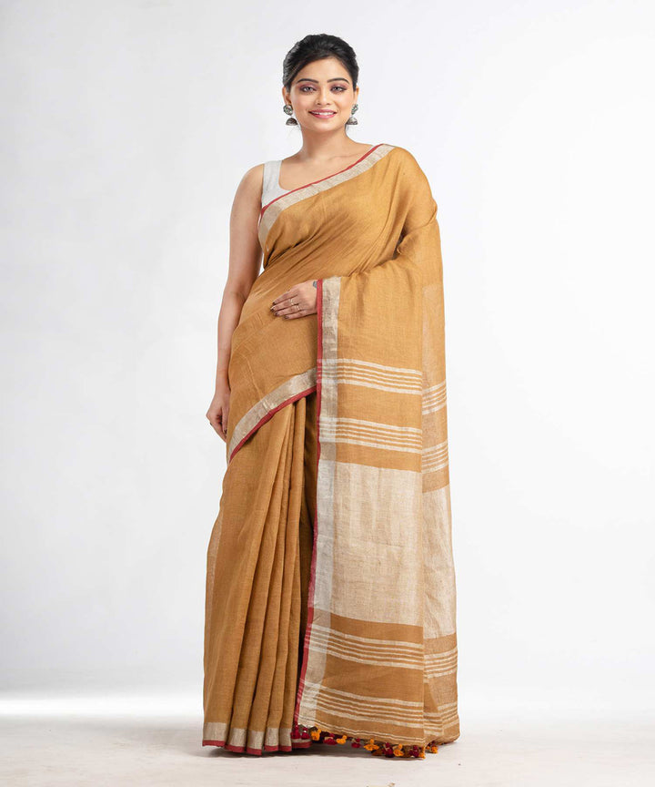 Saffron handwoven bengal linen saree