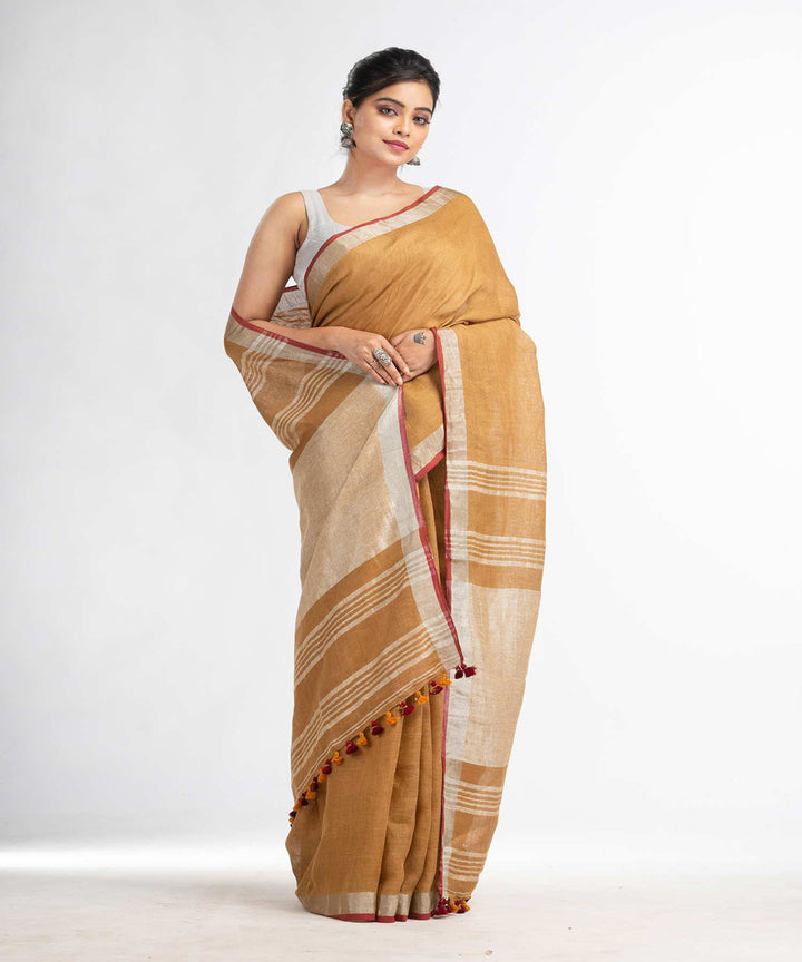 Saffron handwoven bengal linen saree