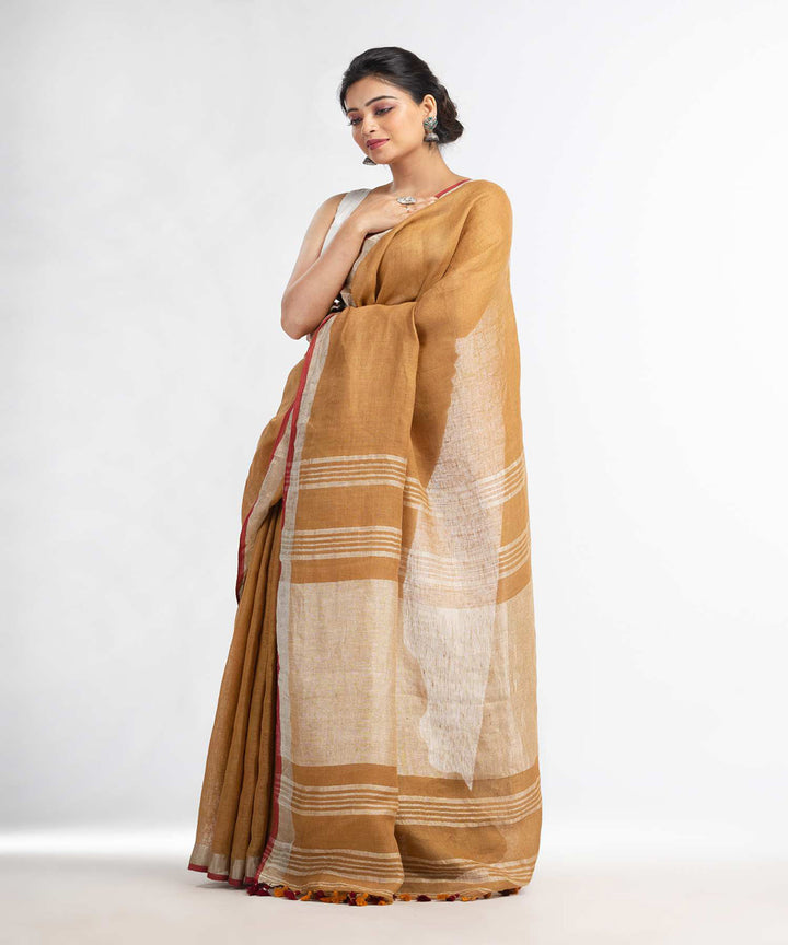 Saffron handwoven bengal linen saree