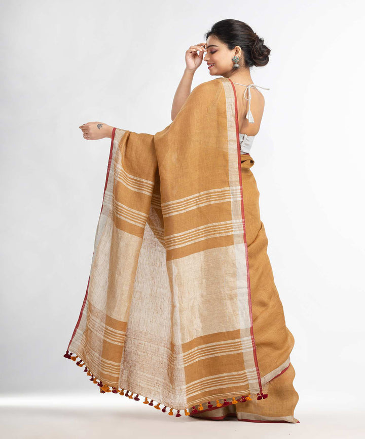 Saffron handwoven bengal linen saree