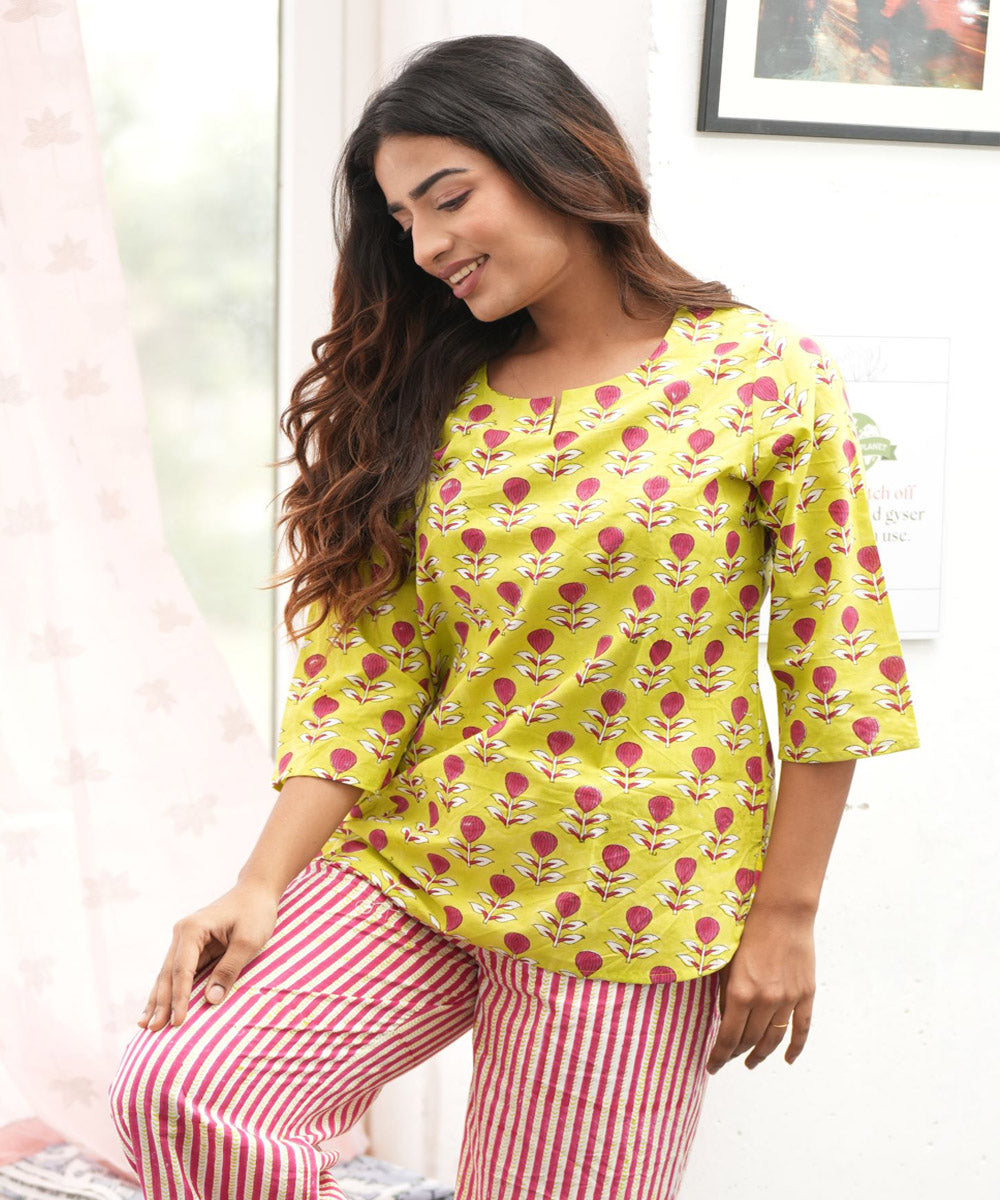 Pink yellow floral handblock printed cotton night suit set