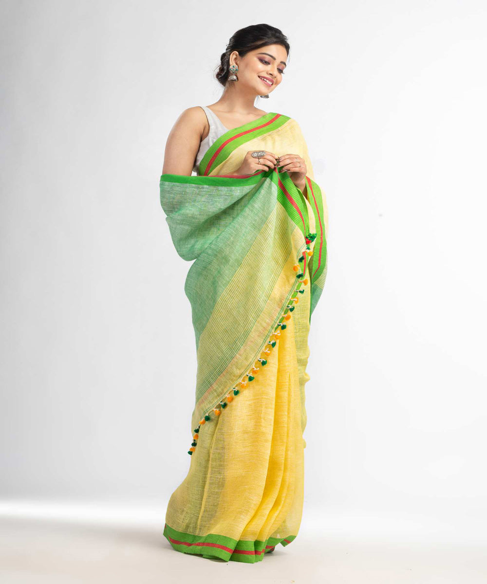 Yellow green handwoven bengal linen saree