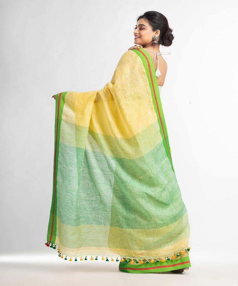 Yellow green handwoven bengal linen saree