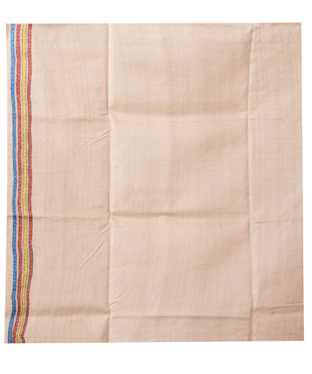 Beige multicolor silk hand kantha stitched saree