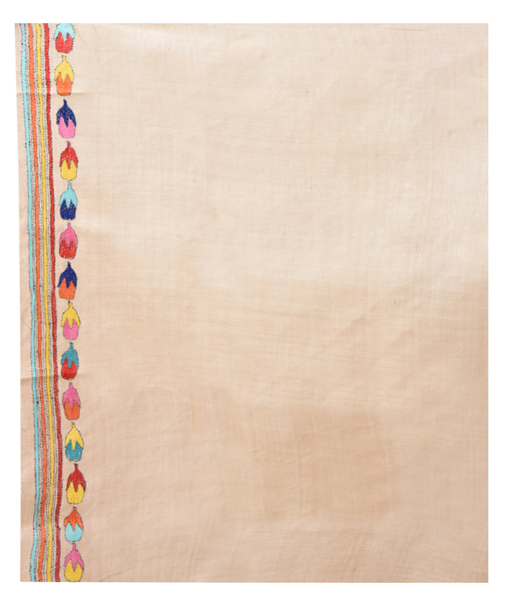 Beige multicolor flower hand kantha stitched tussar silk saree