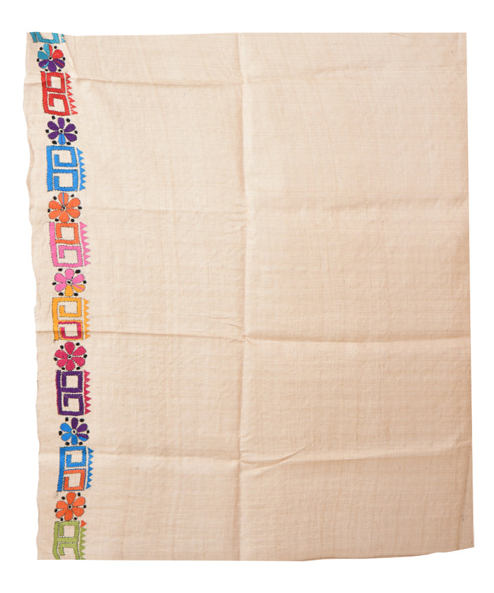 Beige multicolor hand kantha stitched tussar silk saree