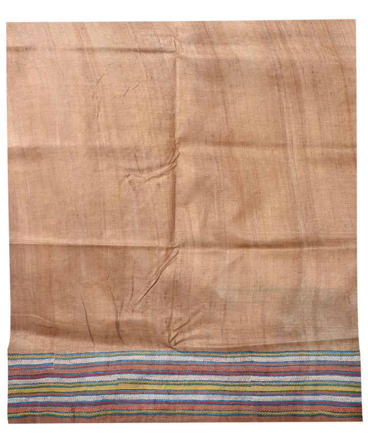 Brown multicolor hand kantha stitched tussar silk saree