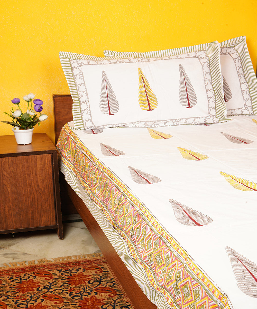 White yellow hand block printed cotton double bedsheet