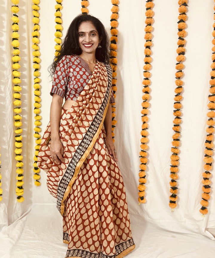 Beige red hand block bagru print chanderi sico saree