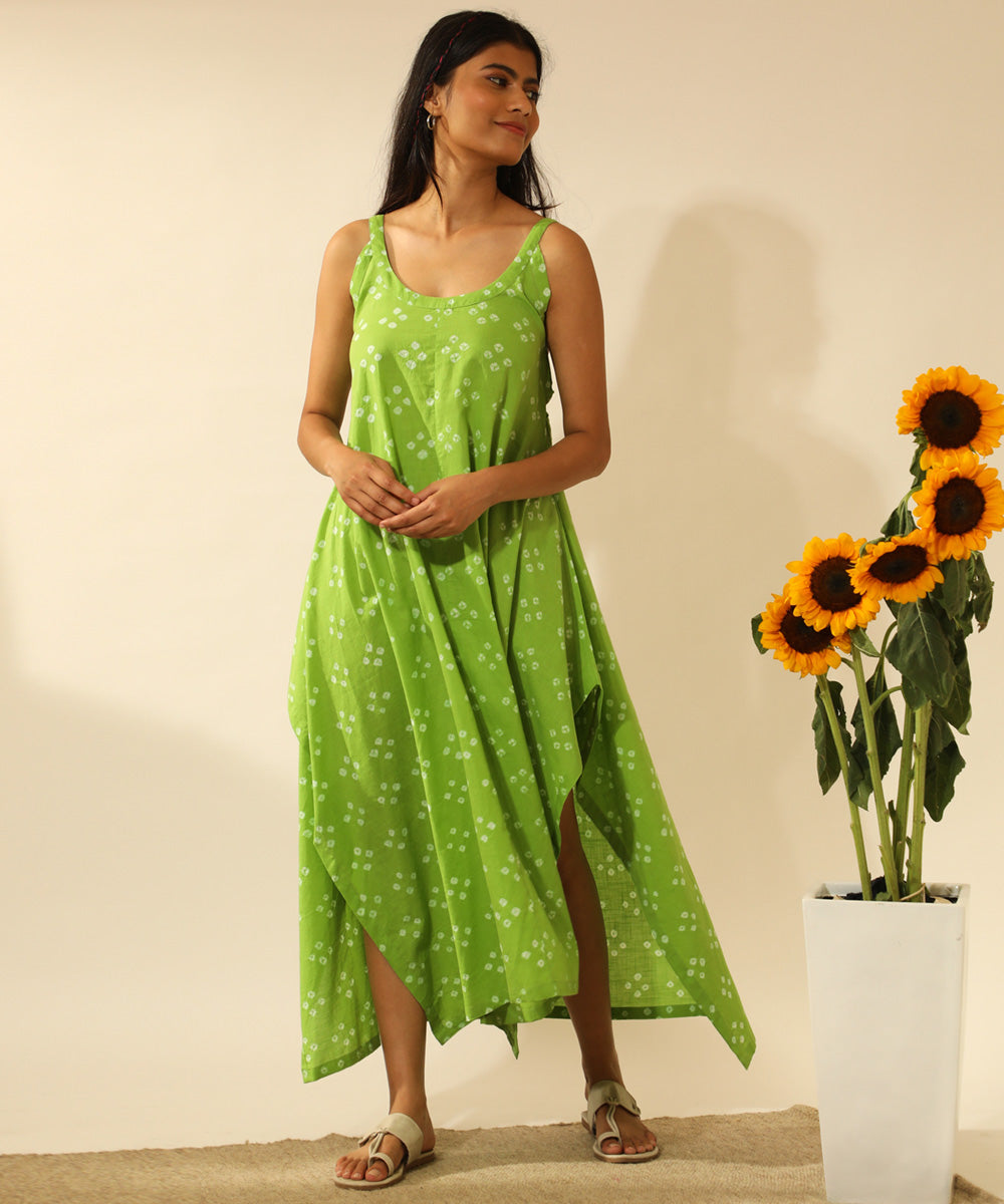 Green handcrafted bandhani cotton long dress GoSwadeshi Green handcrafted bandhani cotton long dress GoSwadeshi