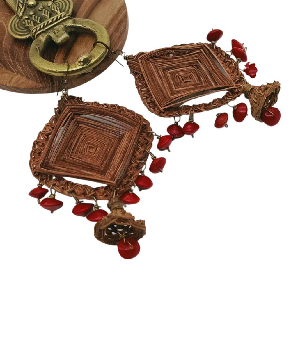 Brown red handcrafted square palm fibre seeds earring