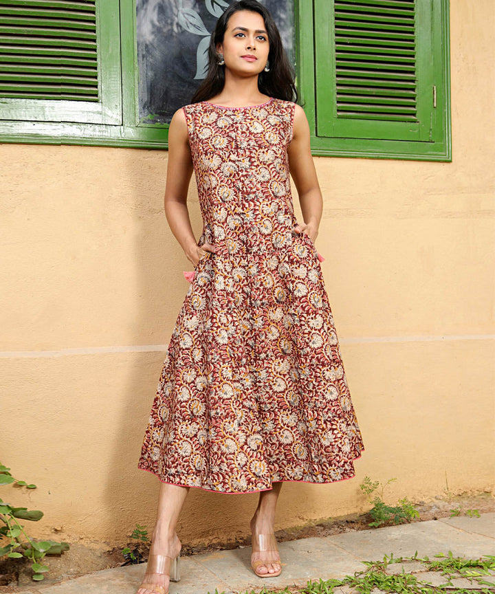 Brown handcrafted boat neck kalamkari cotton dress