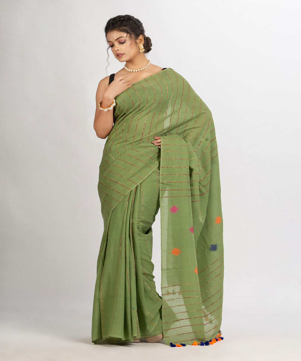 Sage green handloom cotton bengal saree
