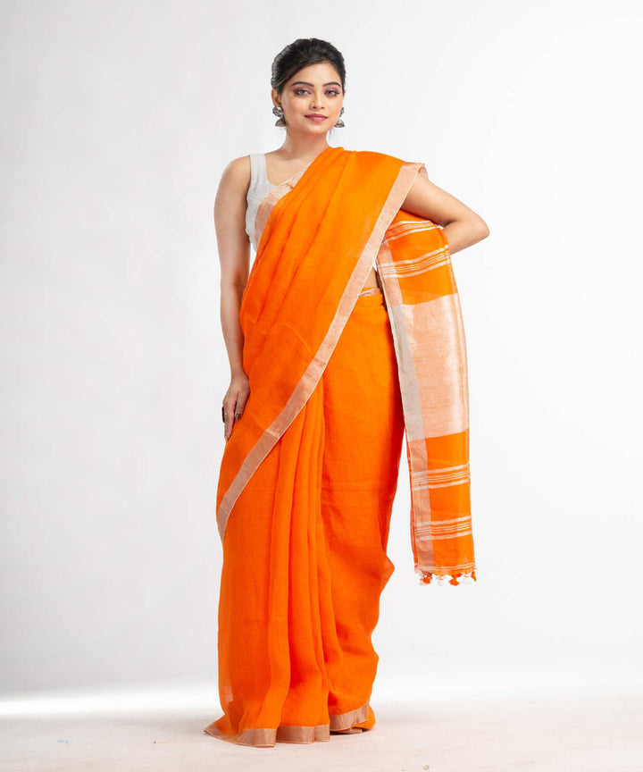 Orange handloom bengal linen saree