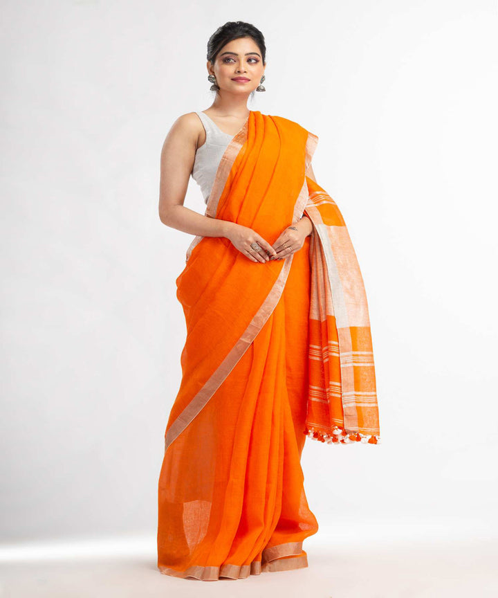 Orange handloom bengal linen saree