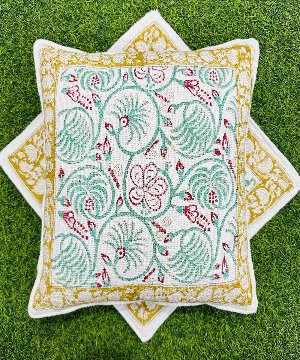 Green mustard hand block printed quilted foam cotton cushion cover