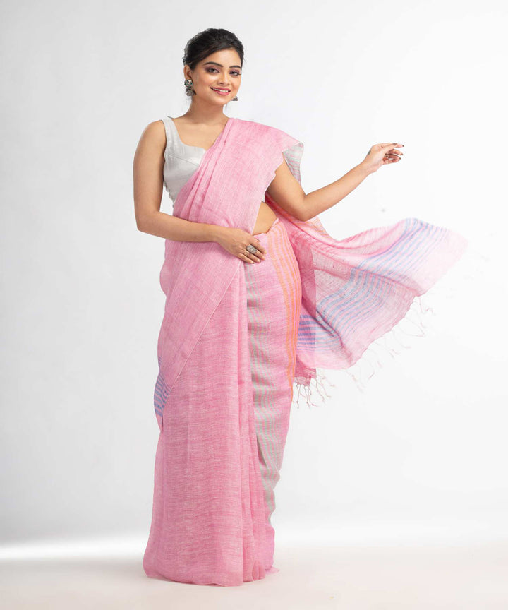 Pink handwoven bengal linen saree