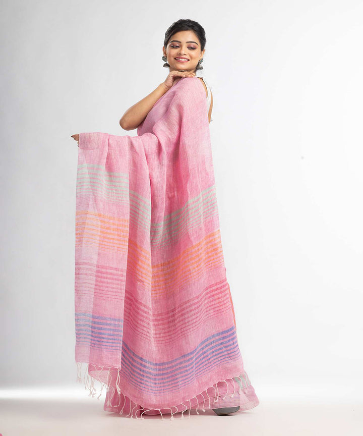 Pink handwoven bengal linen saree